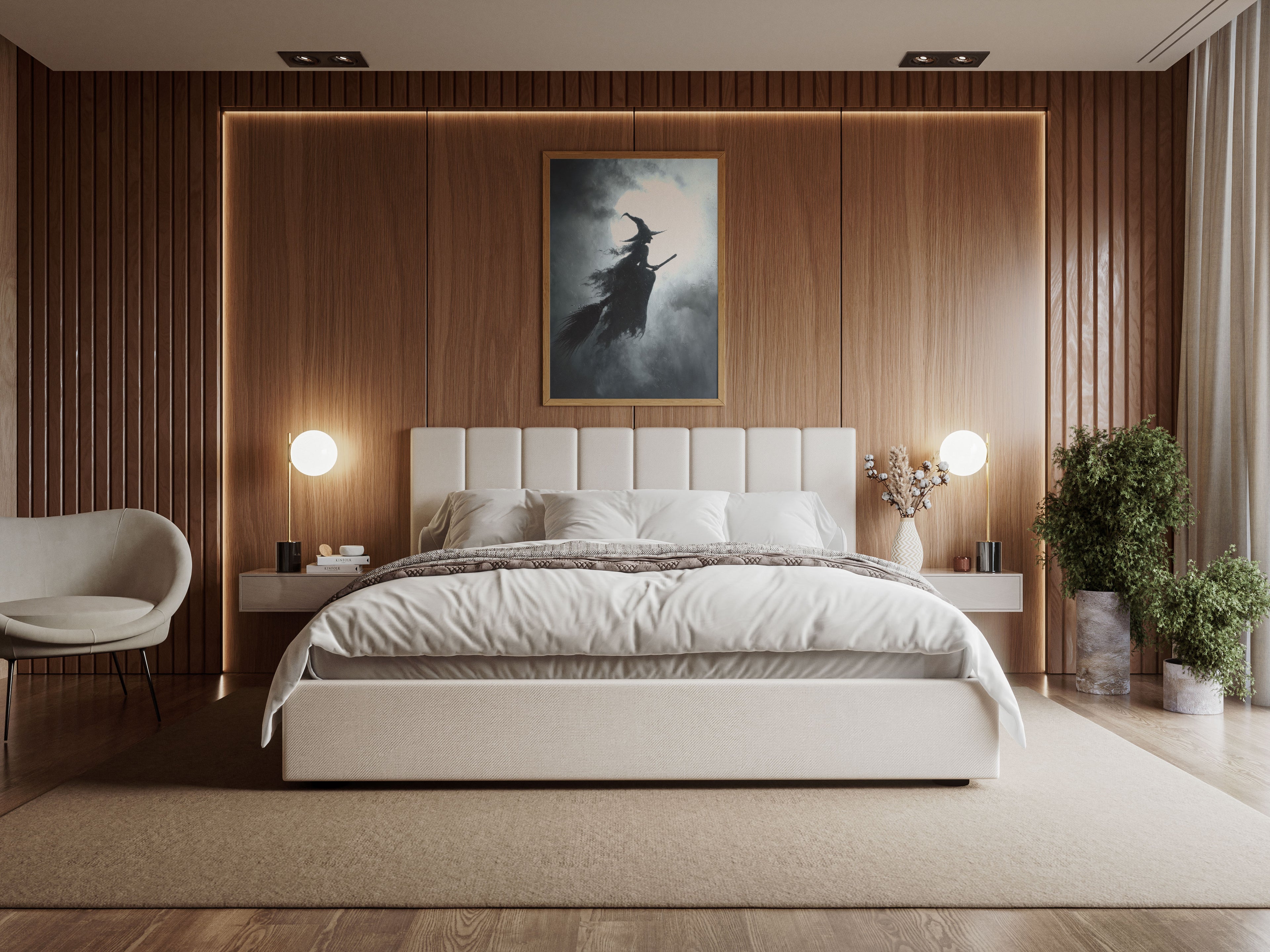 Flying Witch Art Print - Gothic Halloween Wall Art - Moody Full Moon Decor