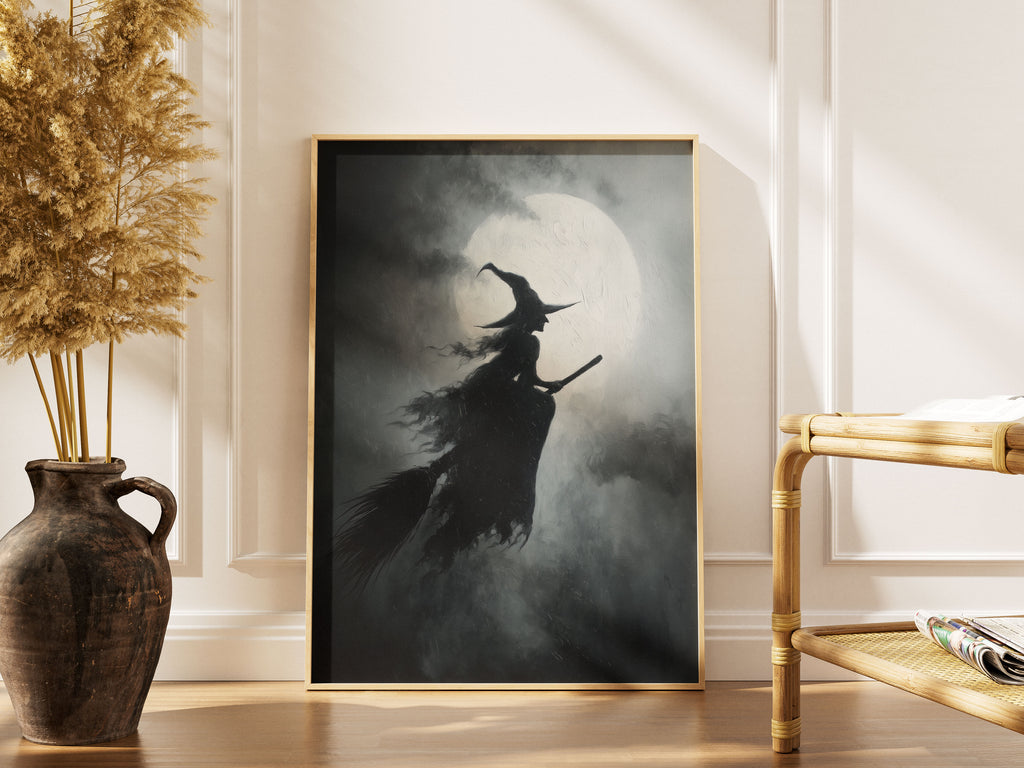 Flying Witch Art Print - Gothic Halloween Wall Art - Moody Full Moon Decor