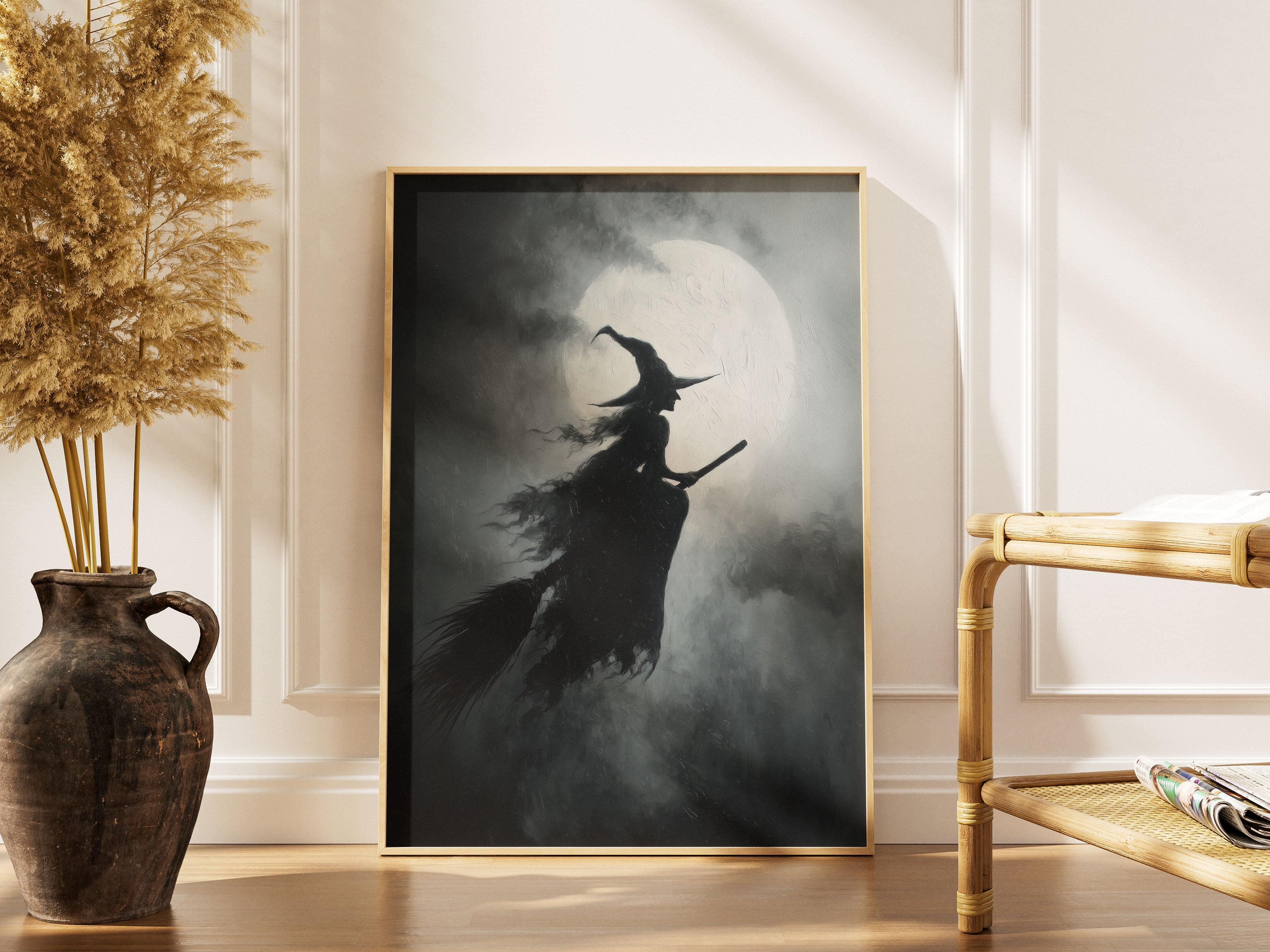 Flying Witch Art Print - Gothic Halloween Wall Art - Moody Full Moon Decor