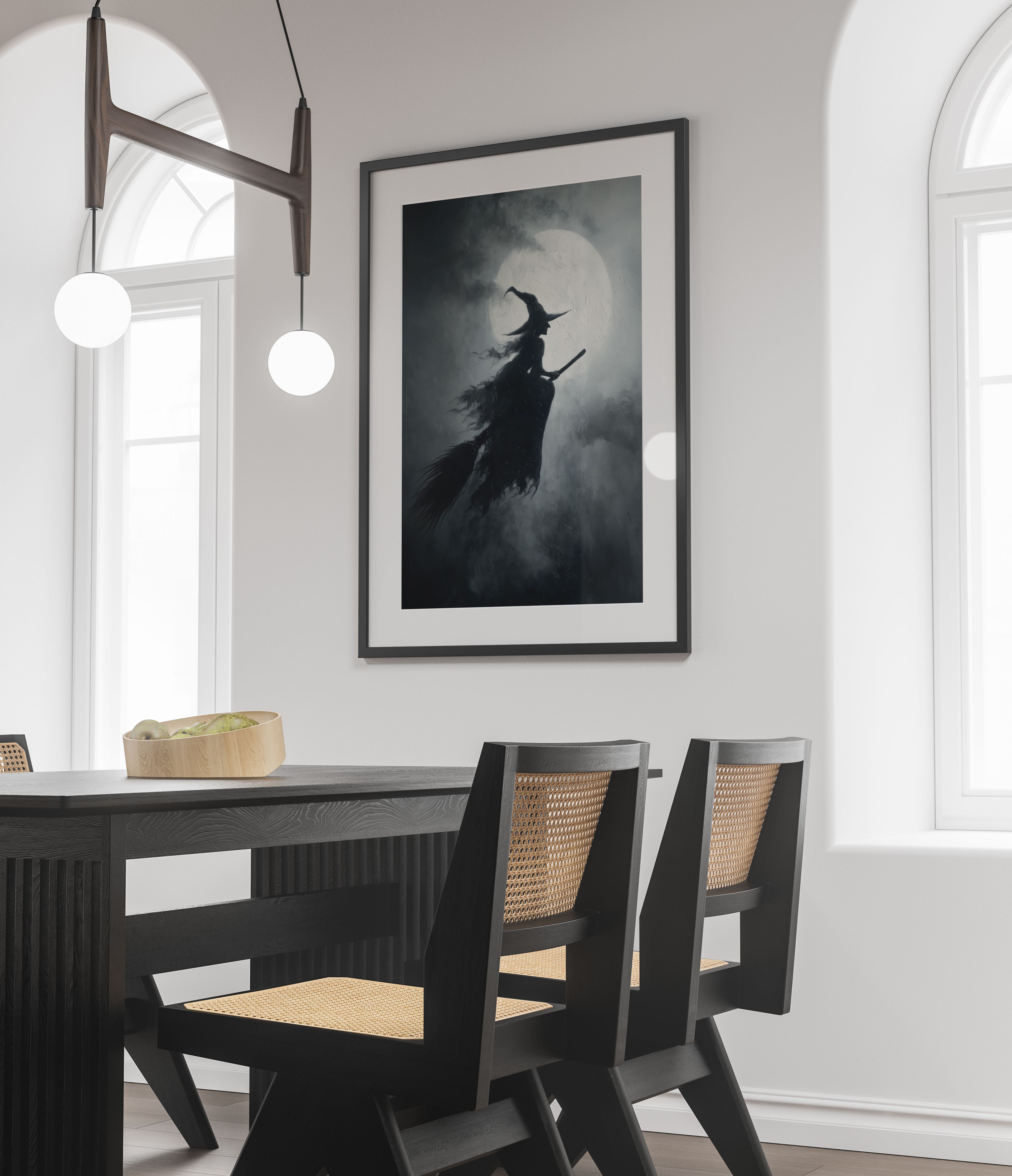 Flying Witch Art Print - Gothic Halloween Wall Art - Moody Full Moon Decor