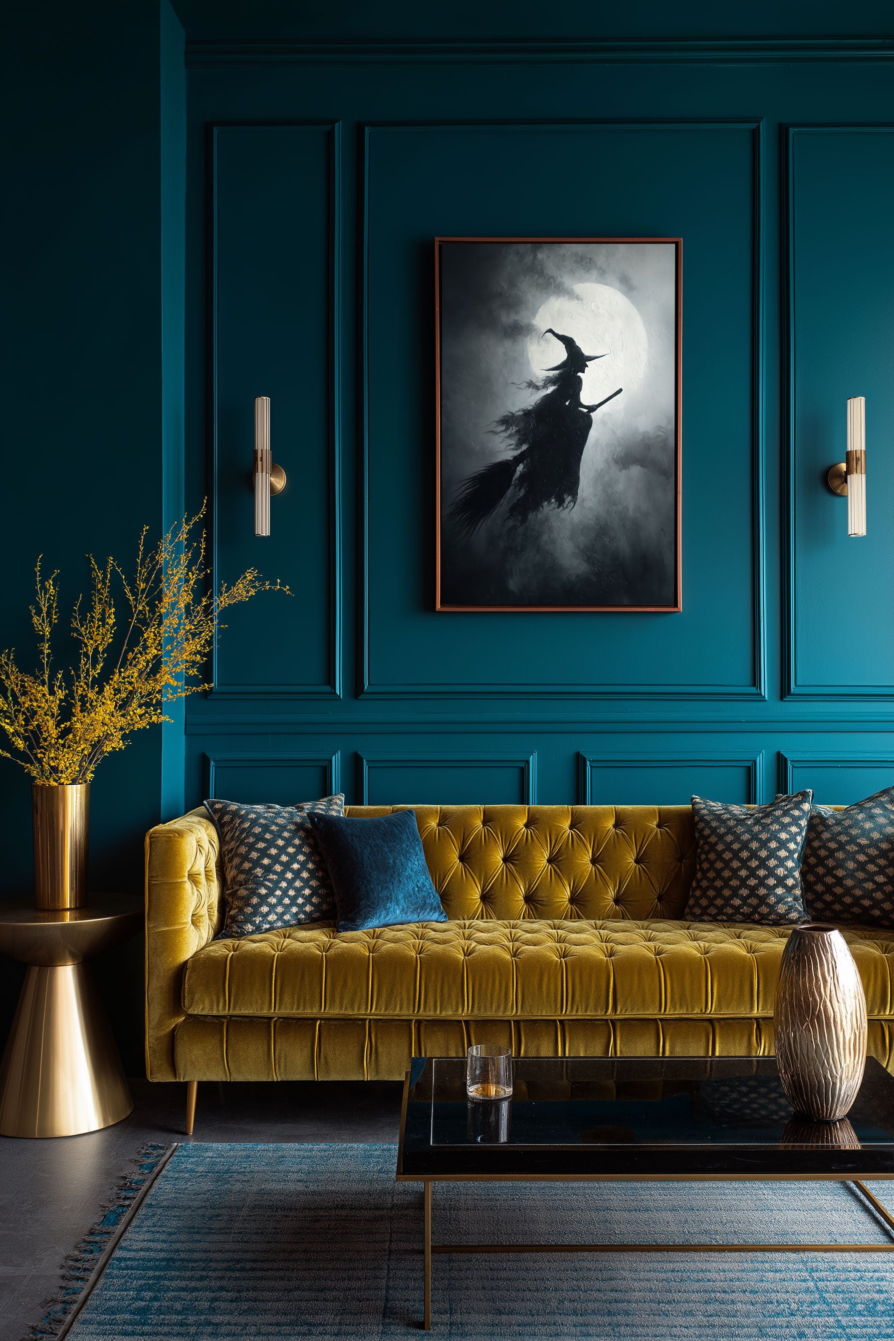 Flying Witch Art Print - Gothic Halloween Wall Art - Moody Full Moon Decor