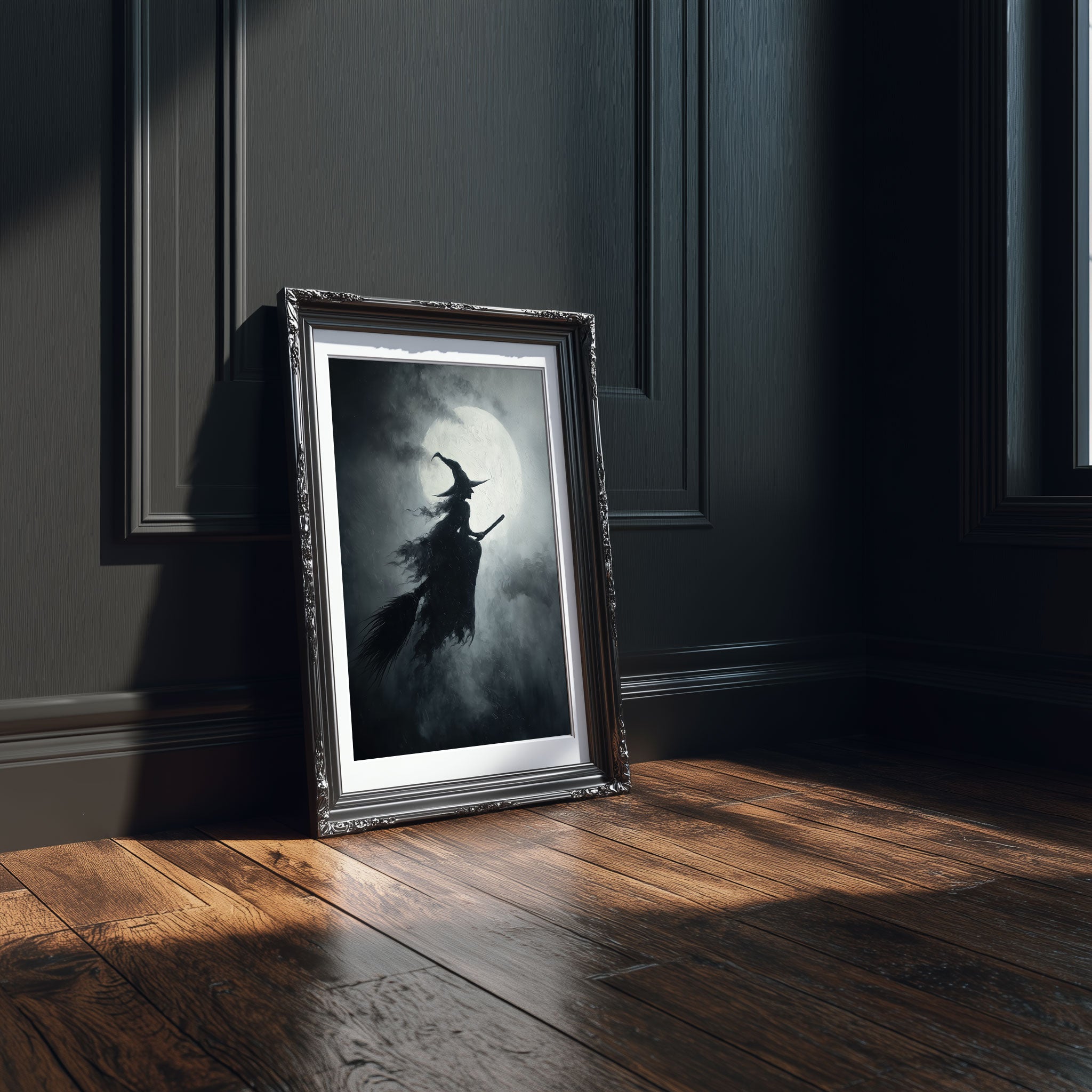 Flying Witch Art Print - Gothic Halloween Wall Art - Moody Full Moon Decor