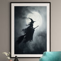 Flying Witch Art Print - Gothic Halloween Wall Art - Moody Full Moon Decor