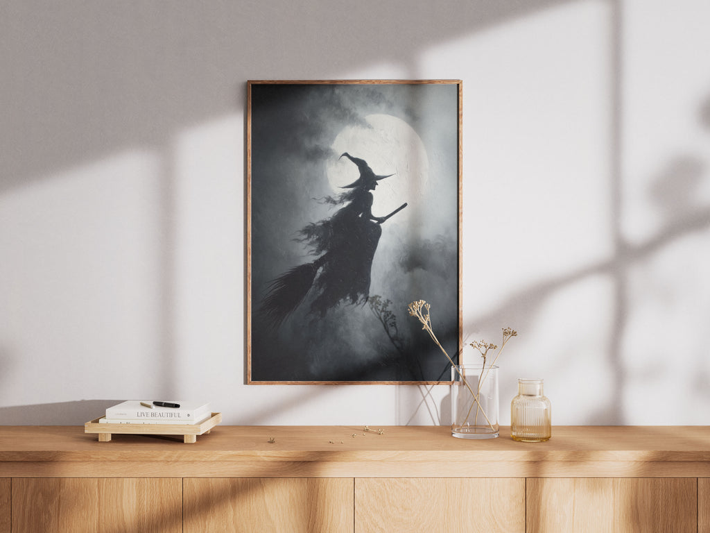 Flying Witch Art Print - Gothic Halloween Wall Art - Moody Full Moon Decor