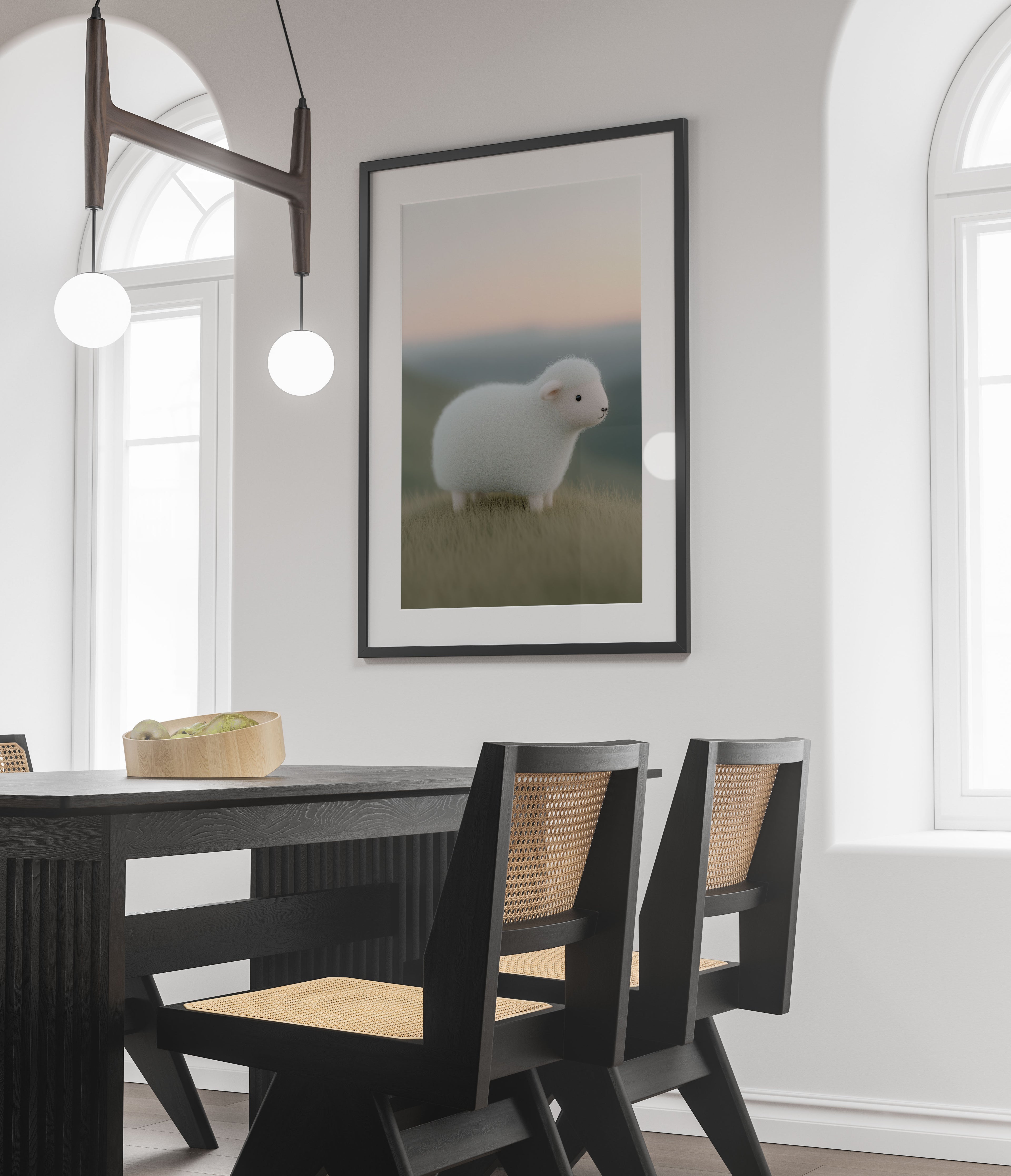 Dining room with a framed picture of a sheep on the wall