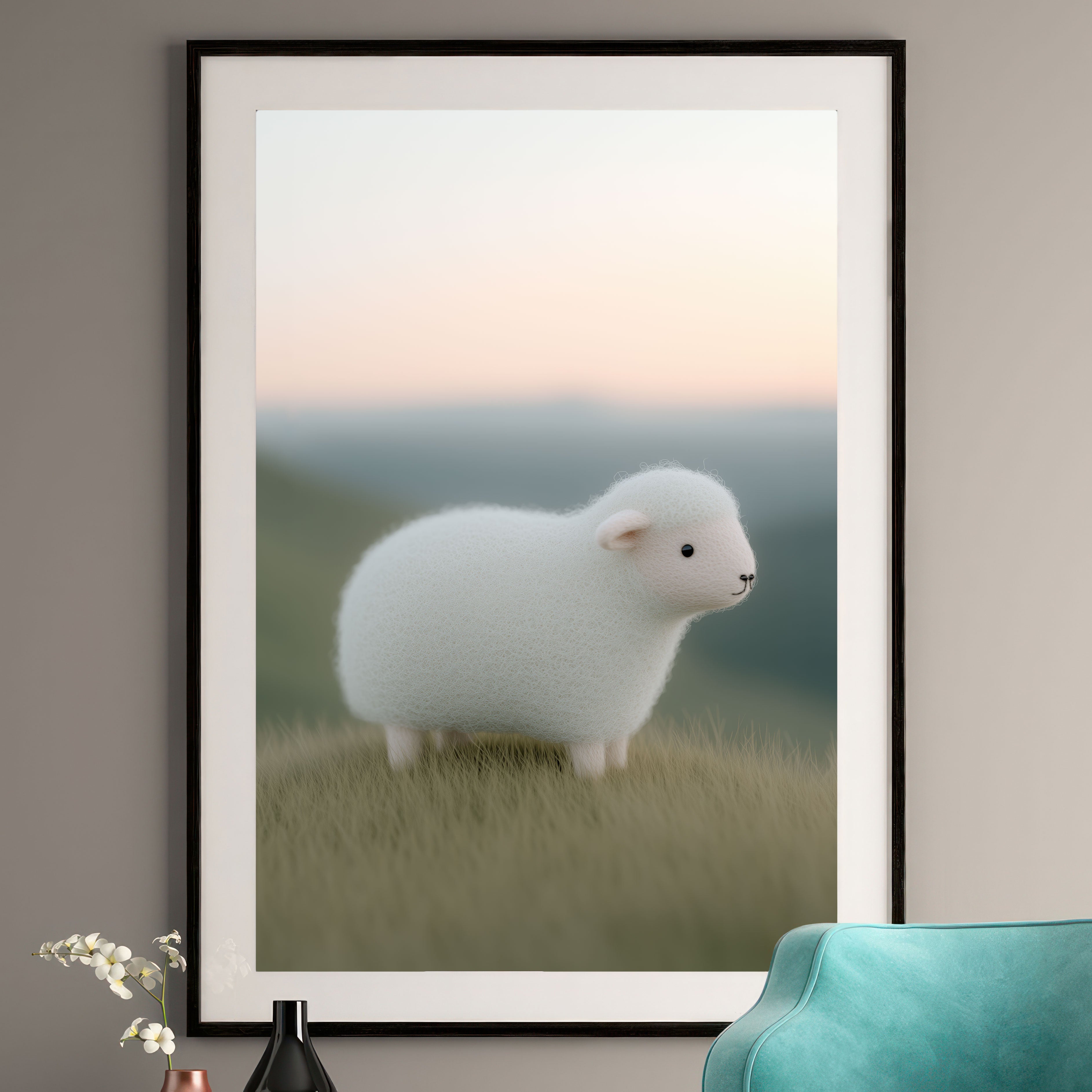 Framed artwork of a white lamb on a grassy field with a blurred background