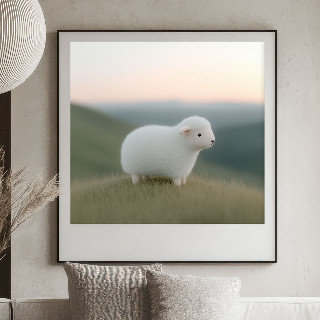 Framed photograph of a white lamb on a grassy hillside in a living room setting.