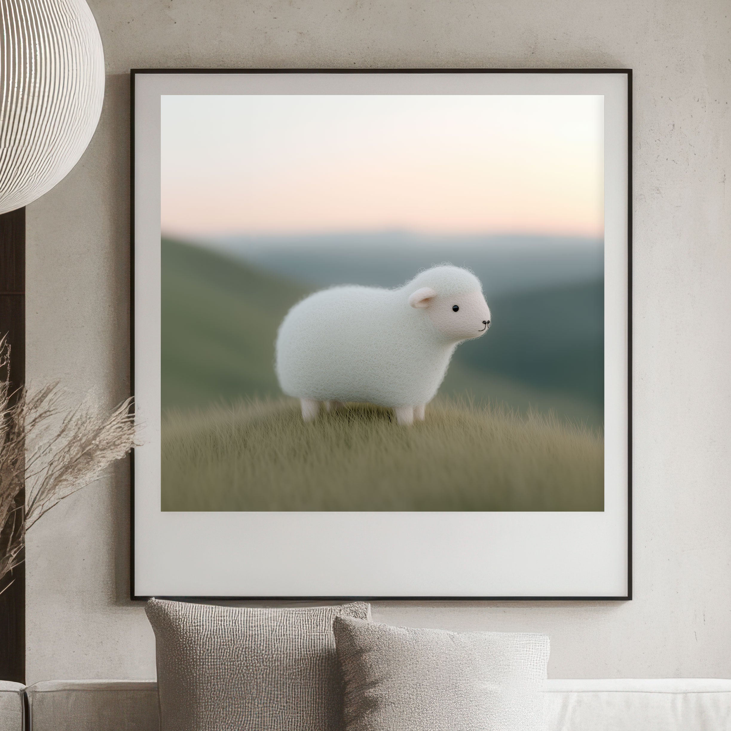 Framed photograph of a white lamb on a grassy hillside in a living room setting.