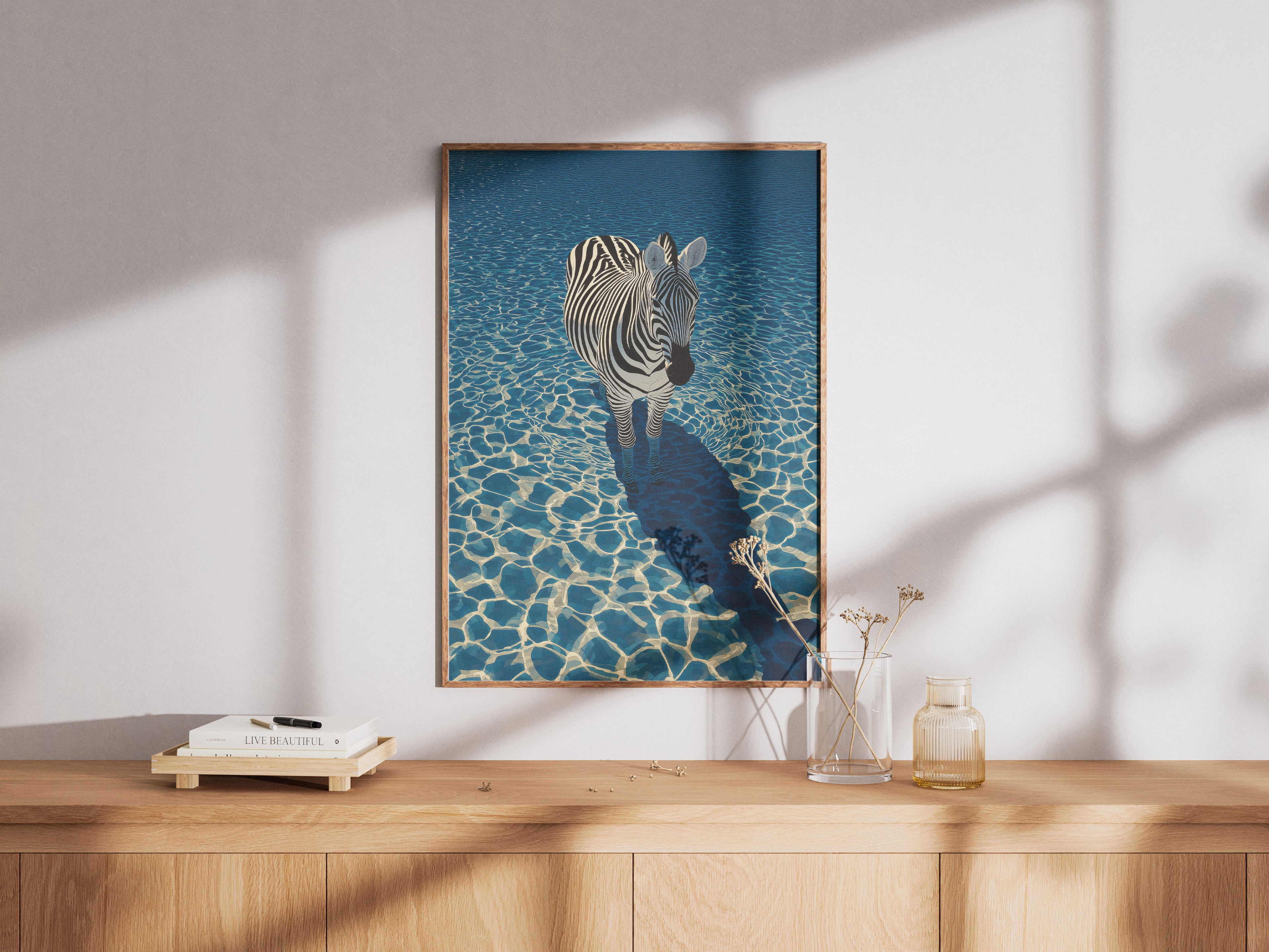 Zebra Art Print - Modern Animal in Water Wall Decor