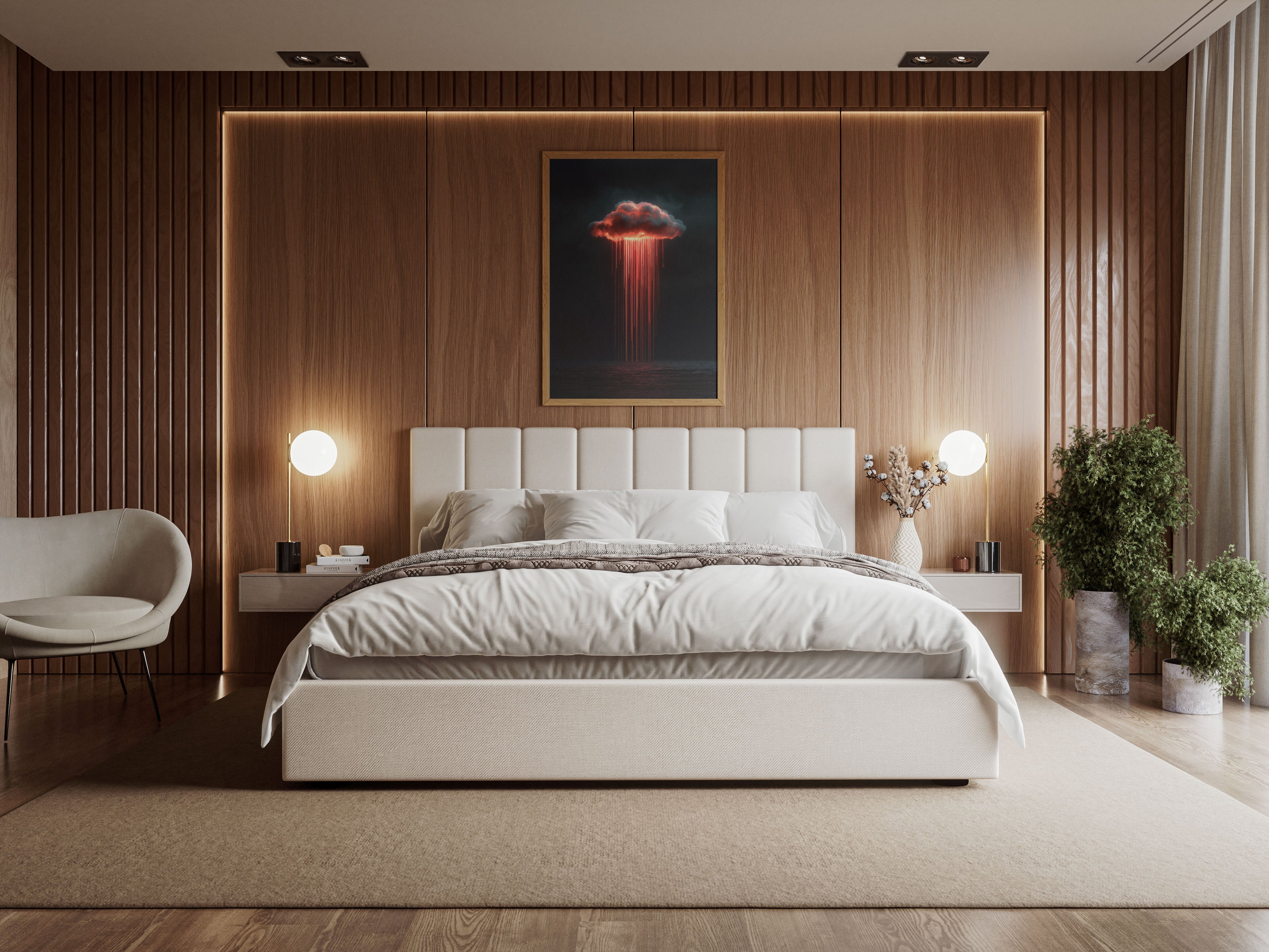 Alderluxe contemporary bedroom featuring a plush bed with a wall art above, soft lighting, and wooden accents