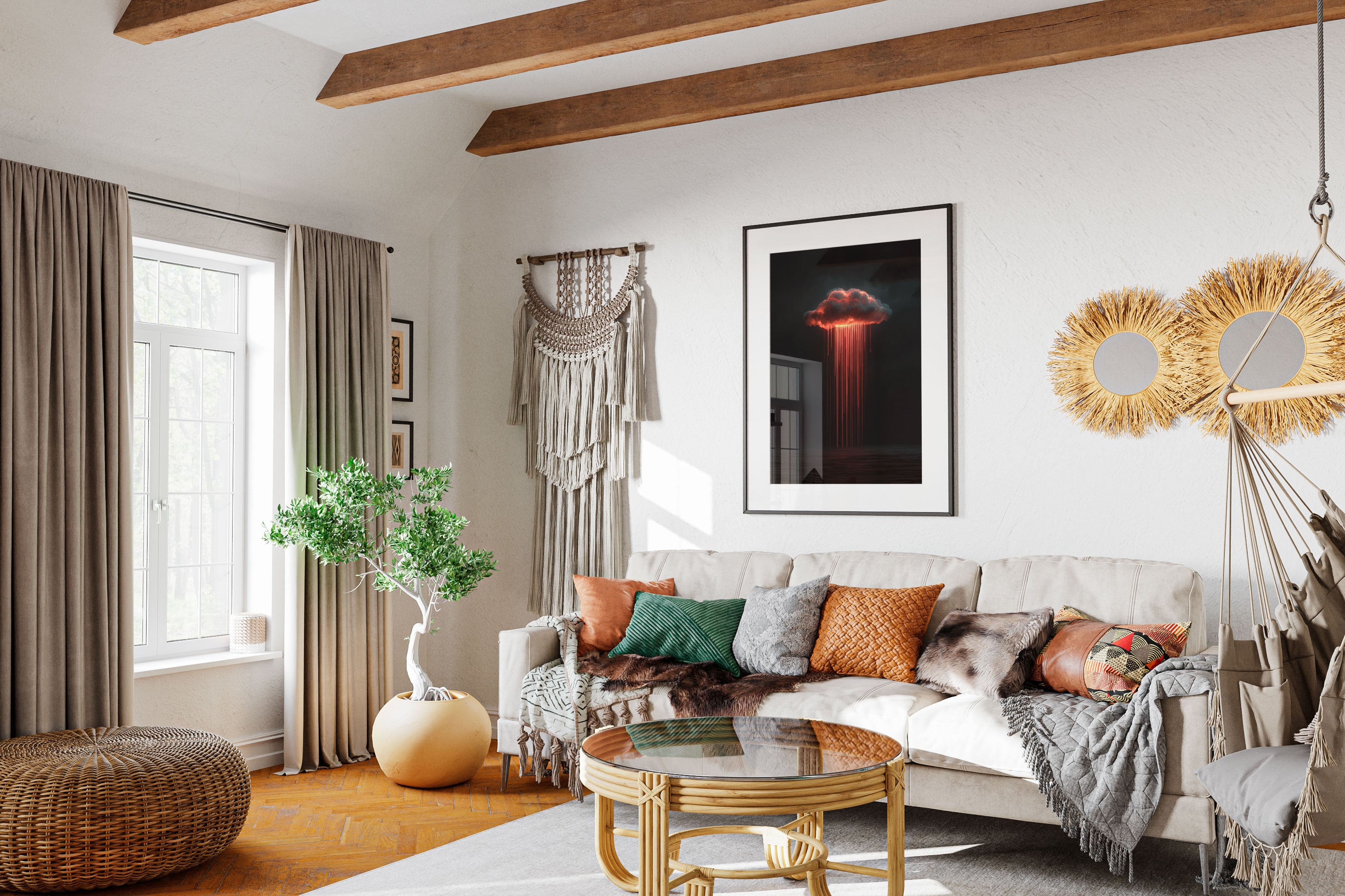 Cozy living room featuring Alderluxe wall art, stylish furniture, and warm decorative elements