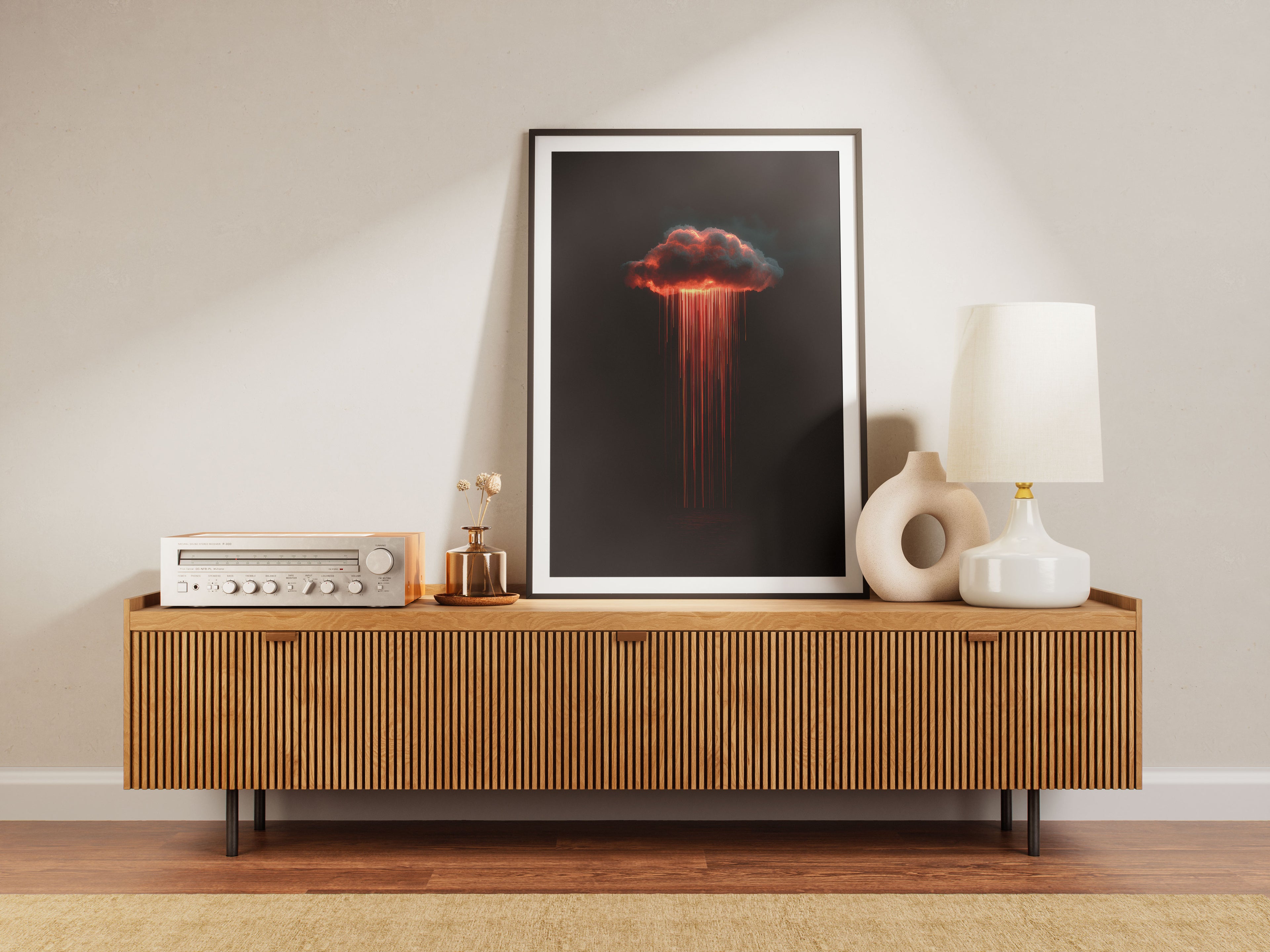 Alderluxe Modern Wooden Sideboard with Decorative Art and Table Lamp in a Stylish Living Room Setting