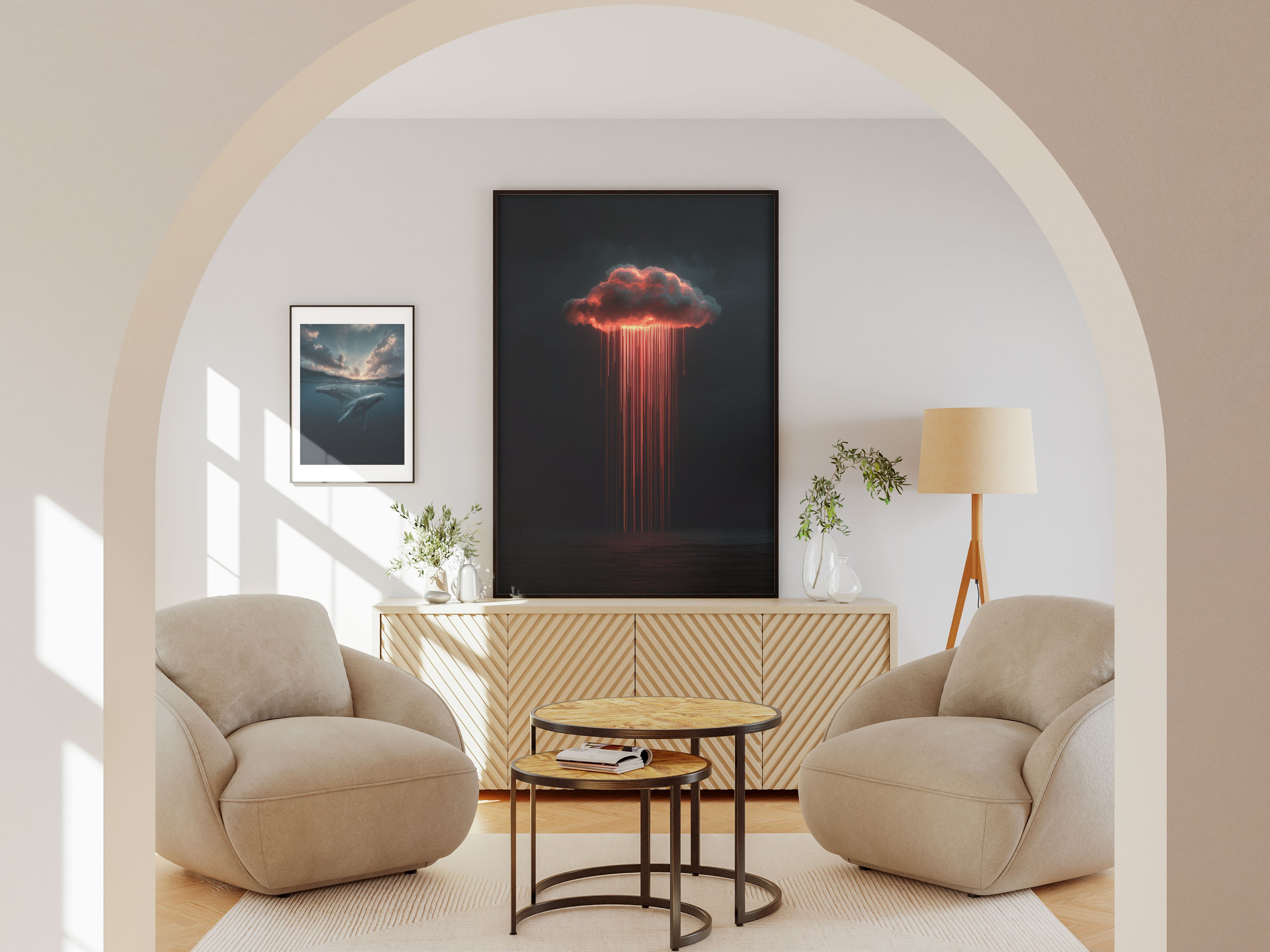 Contemporary Alderluxe Artwork featuring a Cloud with Red Light Rain in a Modern Living Room Setting