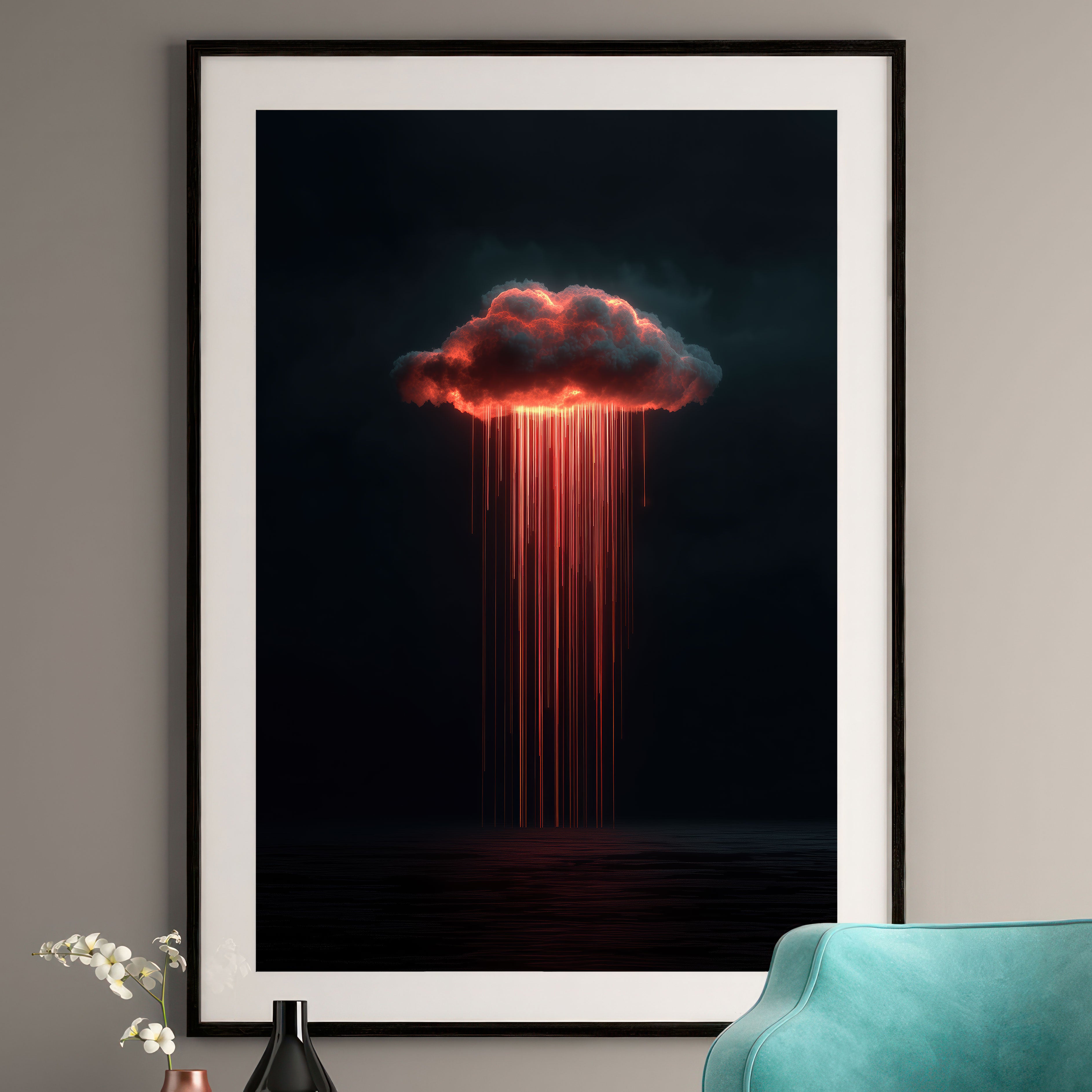 Alderluxe Framed Art Print of a Dramatic Cloud with Red Light Rainfall for Modern Decor