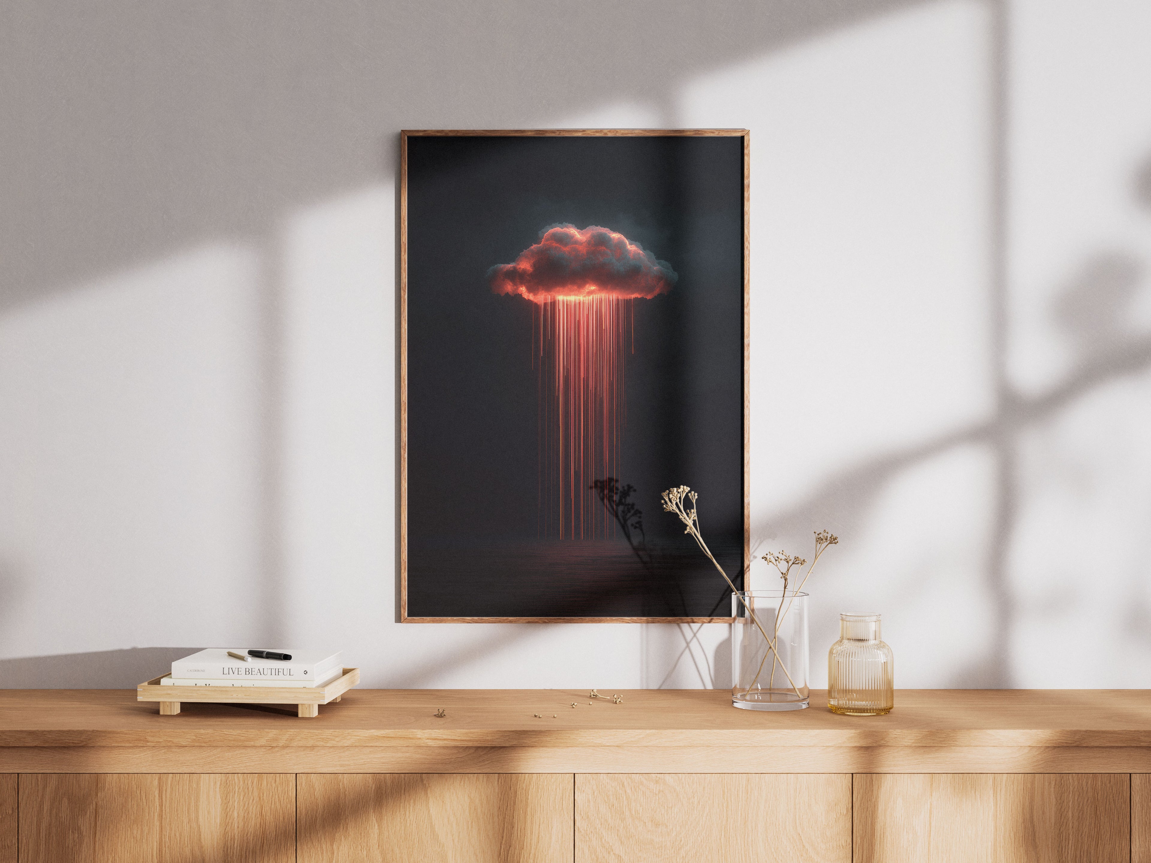Alderluxe Abstract Art Print featuring a Dramatic Cloud with Red Rain in a Modern Framed Design