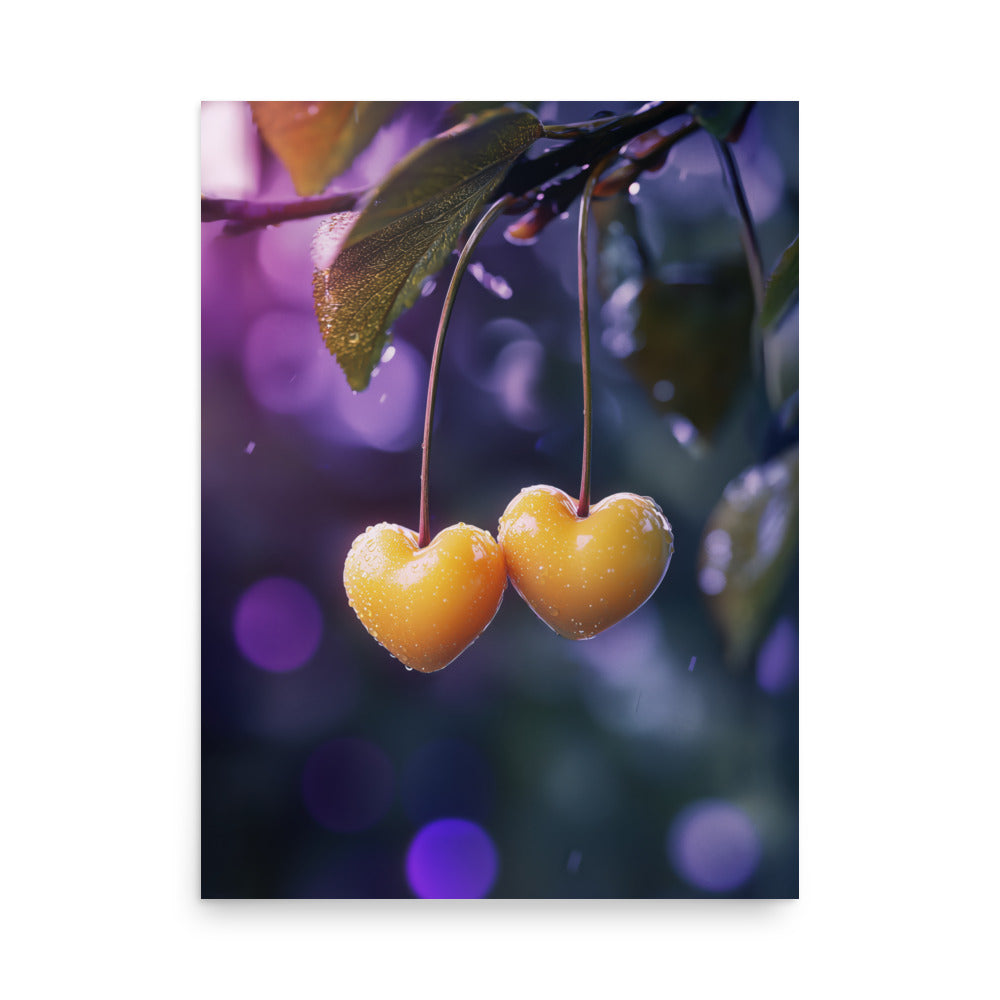 Golden Cherries Heart Art Print - Romantic Wall Art - Romantic Botanical Print