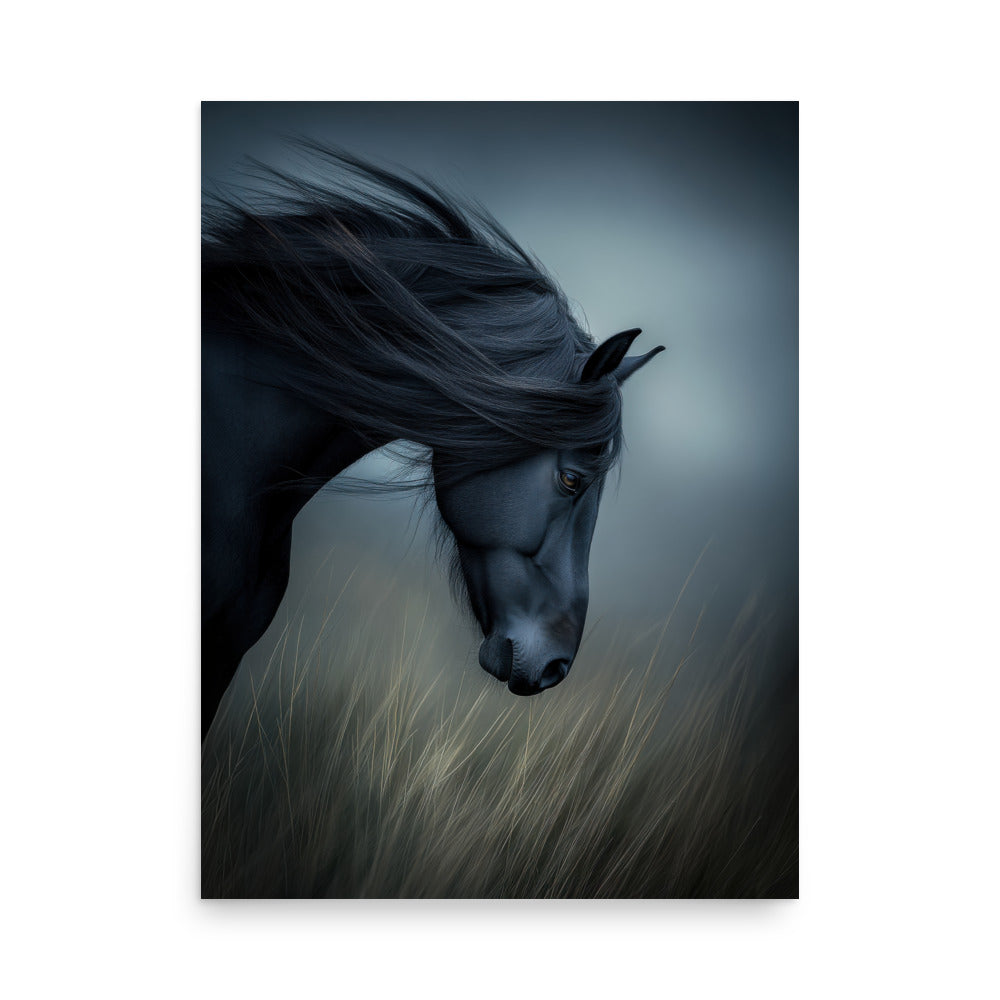Black Horse Art Print - Majestic Animal in Tall Grass - Equine Wall Art