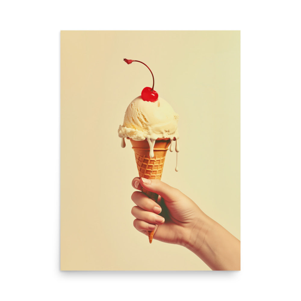 Retro Ice Cream Cone Art Print - Vintage Wall Decor - Cherry on Top