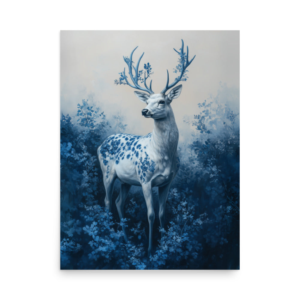 Enchanted Blue Forest Deer Art Print - Magical Woodland Wall Decor