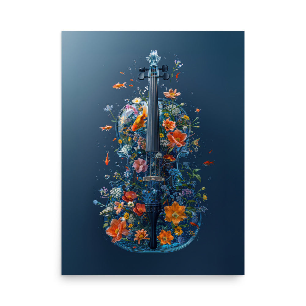 Whimsical Violin Art Print - Watercolor Music Wall Art with Goldfish