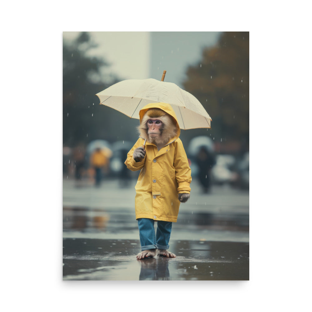 Monkey in the Rain Art Print - Whimsical Wall Art - Rainy Day Cityscape