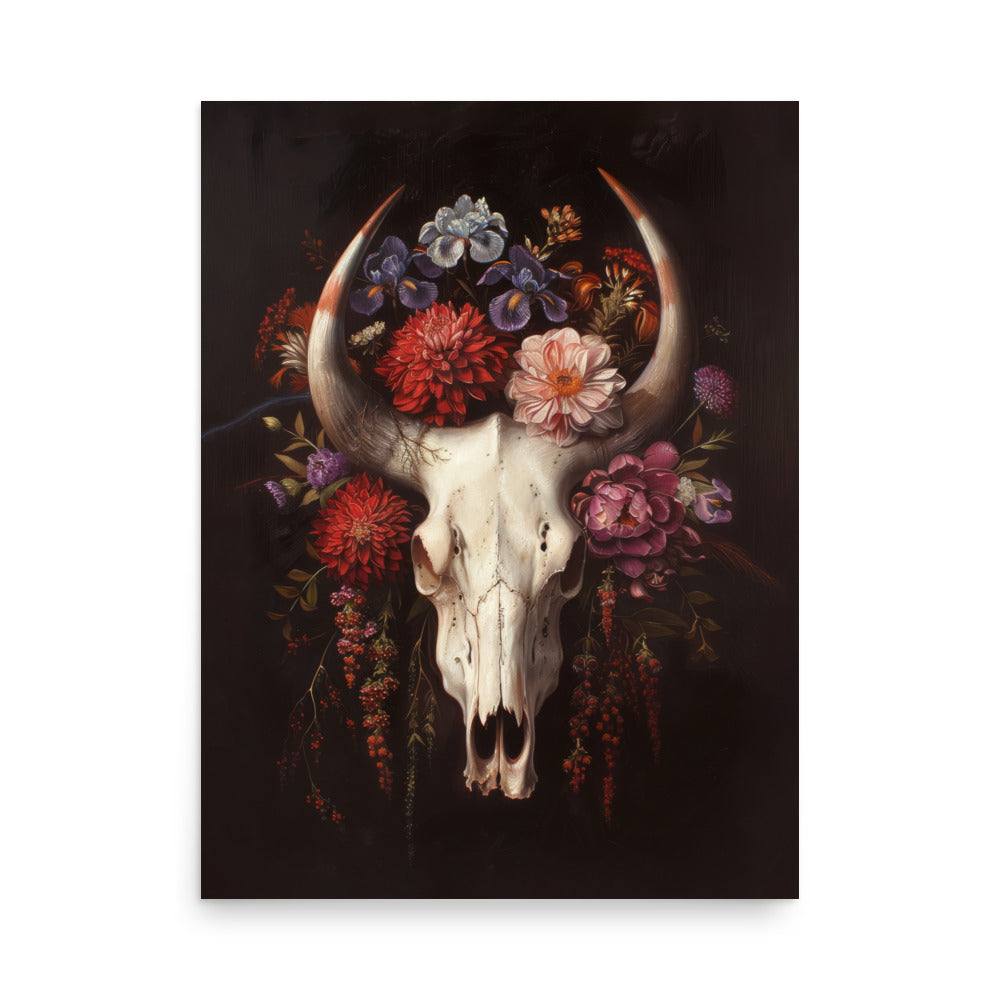 Floral Bull Skull Art Print - Dark Academia Wall Decor