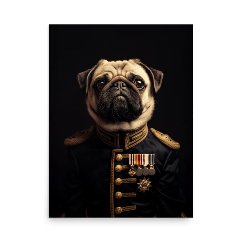 Pug in Military Uniform Art Print - Funny Dog Wall Art