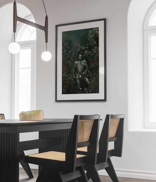 AlderLuxe gothic art print of a knight in armor hanging on a white wall in a modern dining room