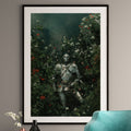 AlderLuxe gothic art print featuring a knight in armor surrounded by dark green foliage and red flowers