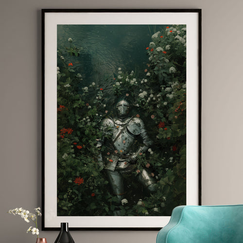 AlderLuxe gothic art print featuring a knight in armor surrounded by dark green foliage and red flowers