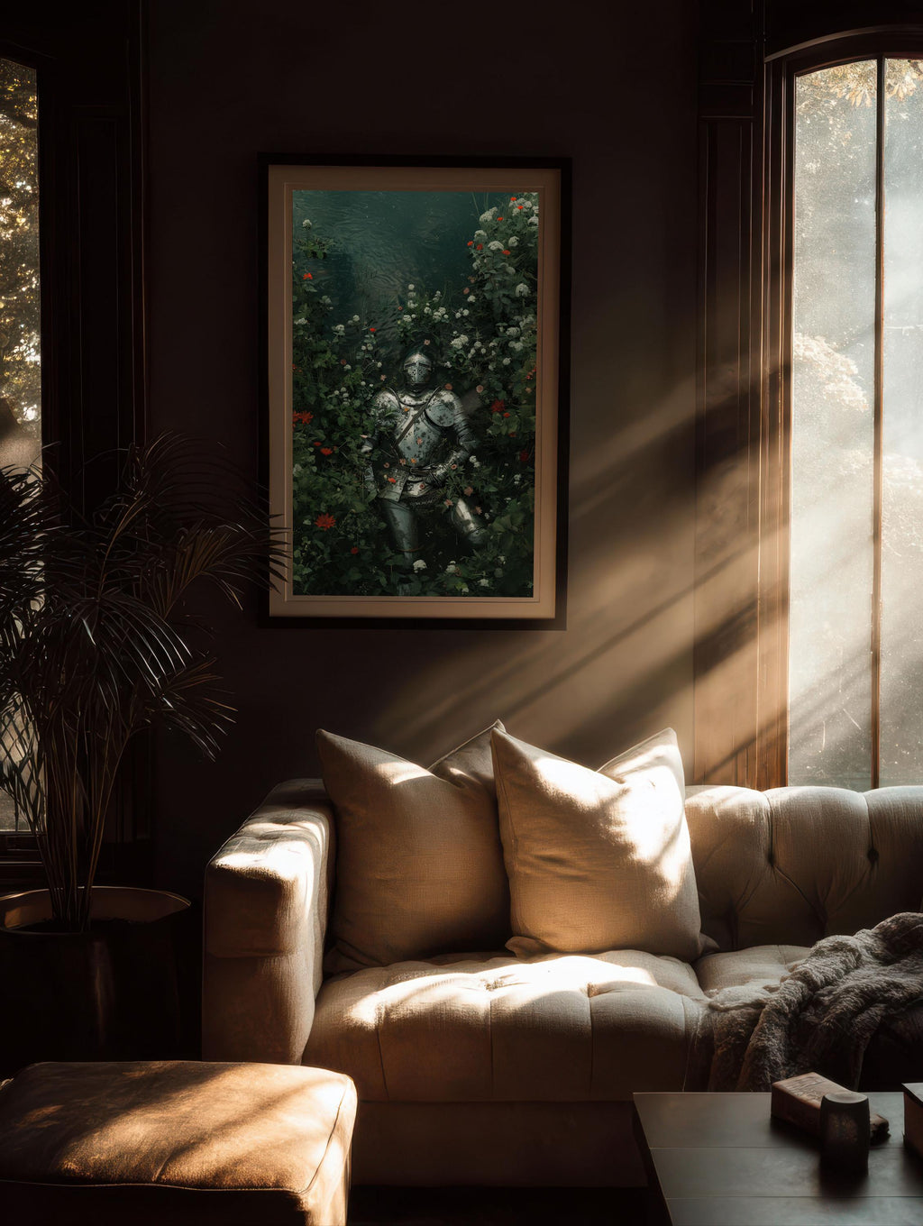 Gothic art print featuring a knight in armor surrounded by flowers hanging above a beige sofa