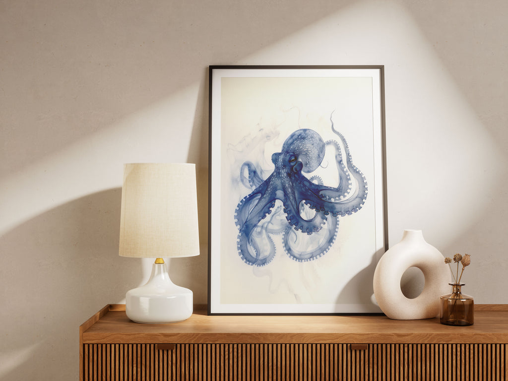 Alderuxe octopus x-ray art print framed and displayed on wooden shelf with lamp and decorative vase