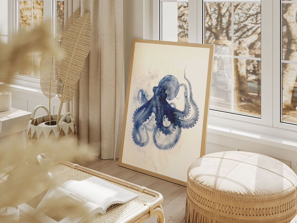 Framed octopus x-ray art print leaning against wall in bright cozy living room by Alderluxe