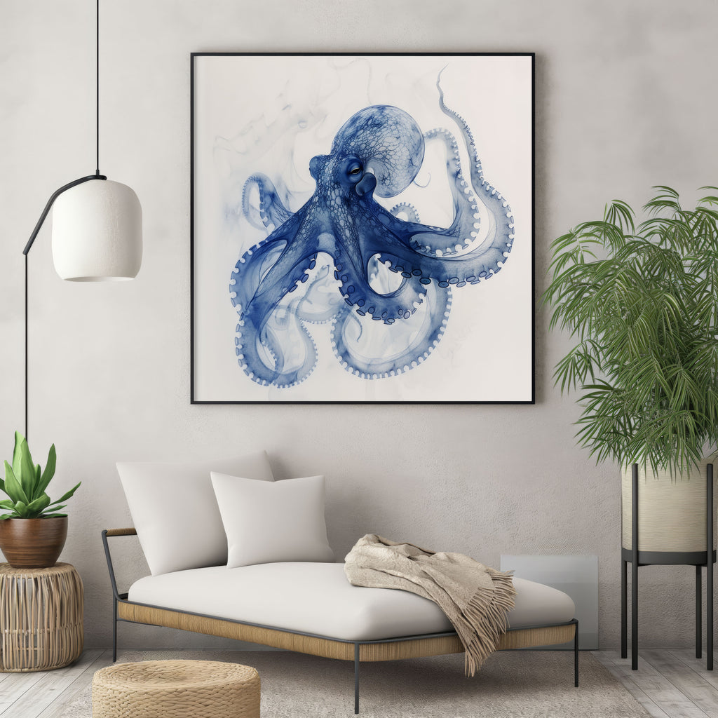 Alderluxe octopus x-ray art print in blue framed on wall above modern lounge chair with pillows and throw blanket