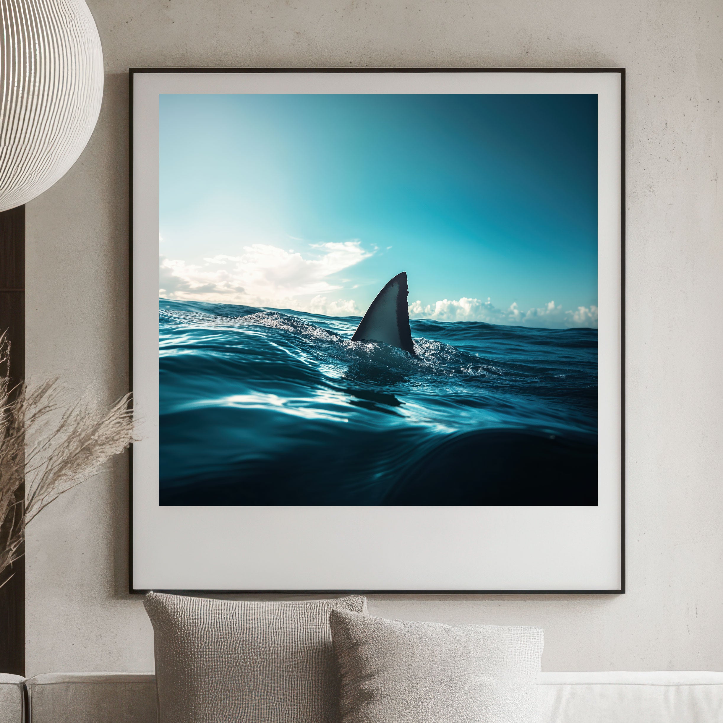 AlderLuxe shark fin wall art featuring a realistic shark fin above ocean waves in a modern black frame